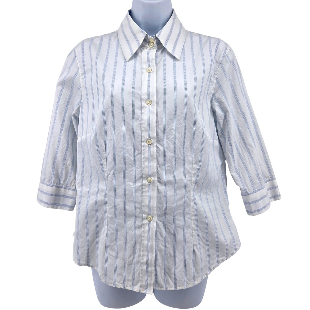 J. McLaughlin Striped Button Down Shirt Womens 10 Blue‎ White 3/4 Sleeve Italian
